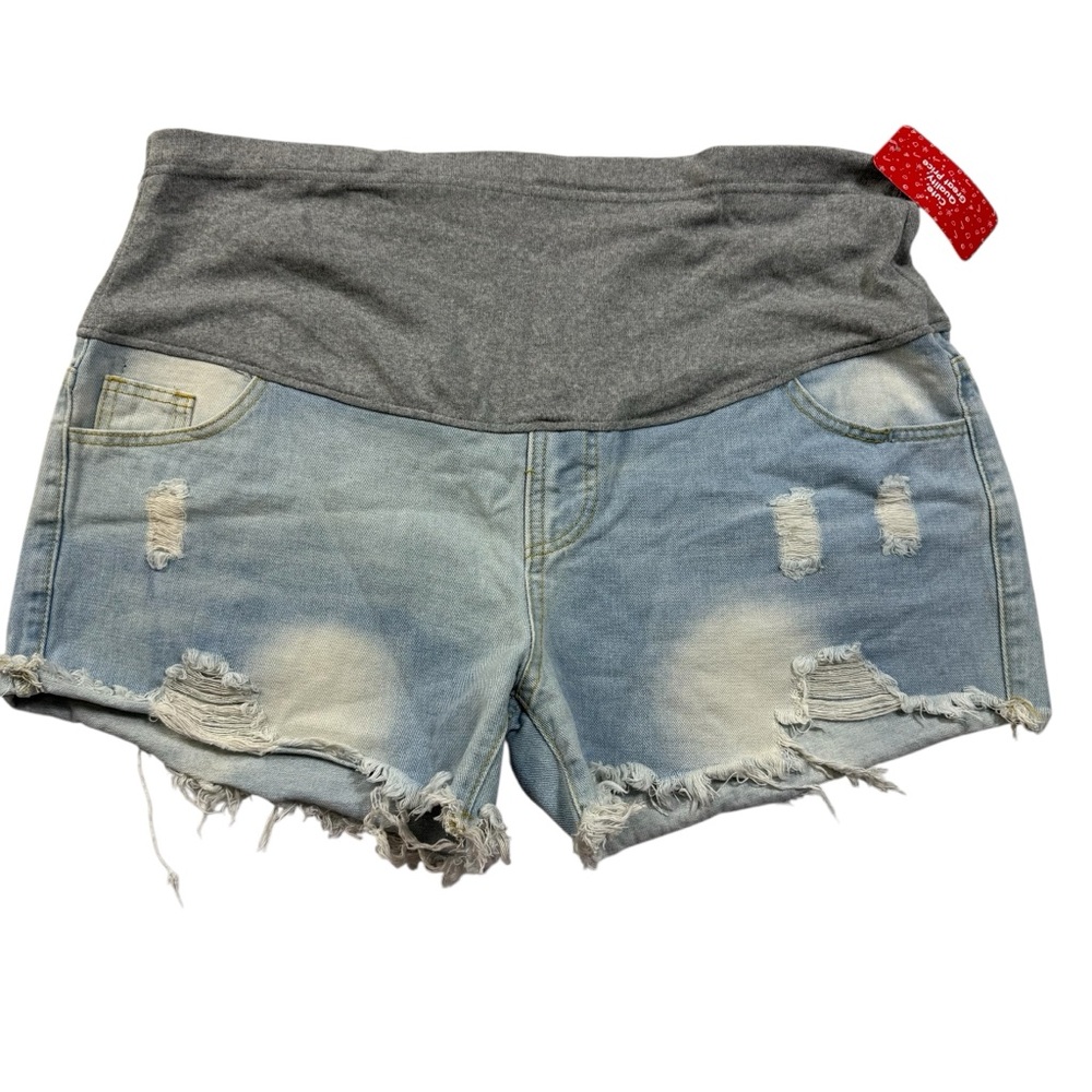PatPat Maternity Light Wash Jean Shorts Ripped & Distressed Belly Panel XL NWT